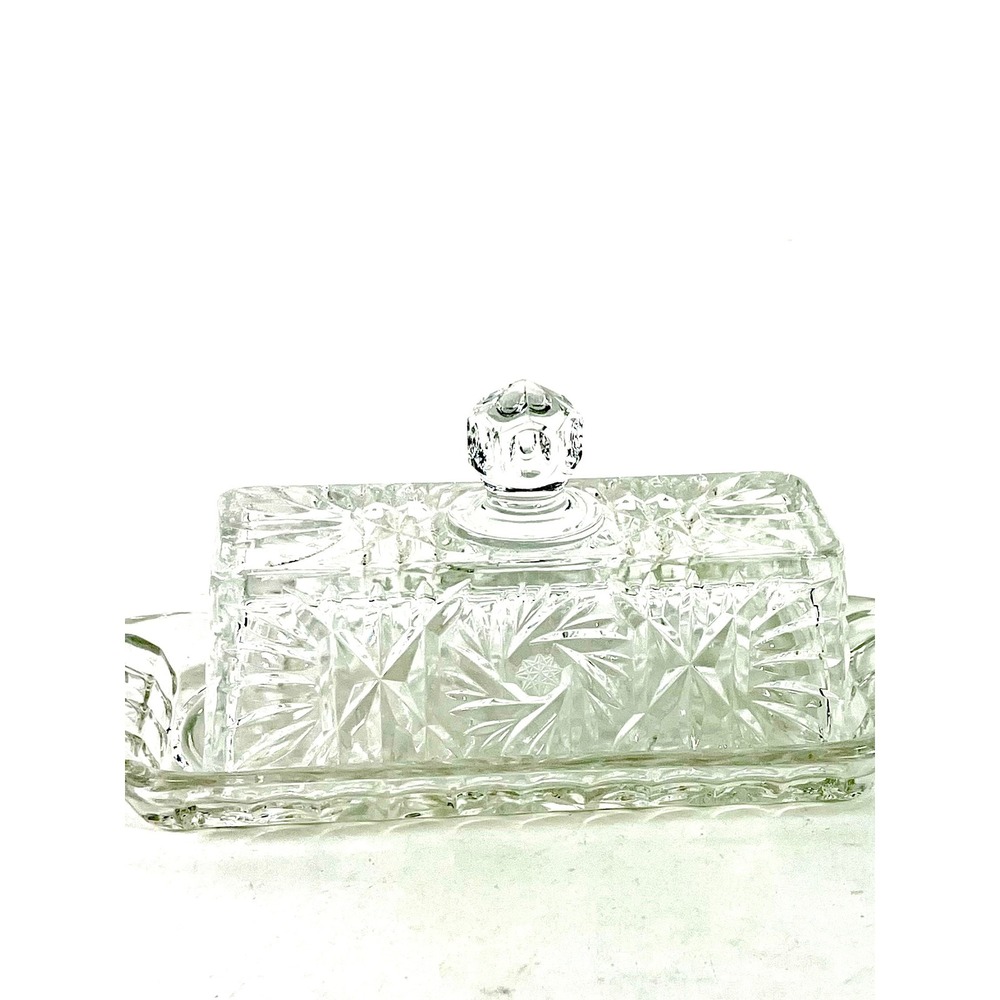 Vintage Clear Pressed Glass Butter Dish Pinwheel Starburst Pattern Covered Tray
